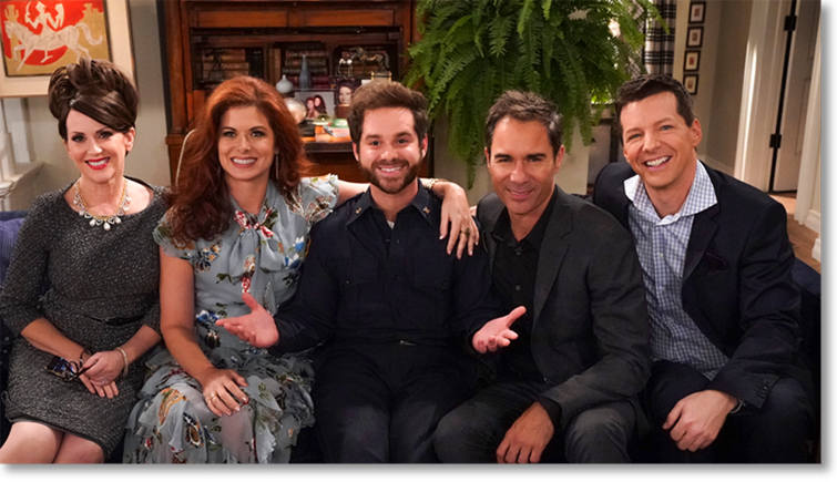 Will and Grace Ryan Pinkston on sofa with cast